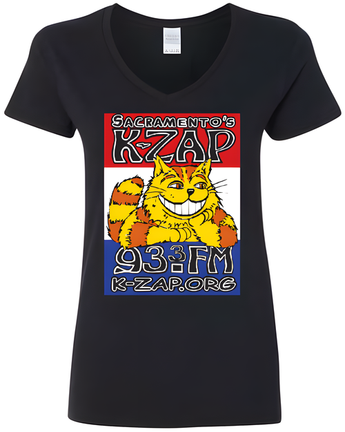 Sacramento's K-ZAP Cat's Back Ladies V-Neck Shirts In Black or White image 0